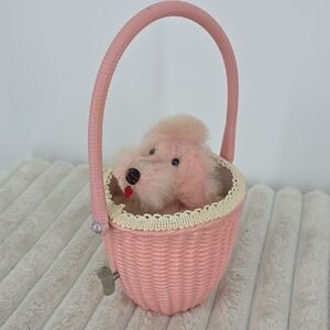 Vintage Japanese Pink Poodle In A Basket Windup Toy